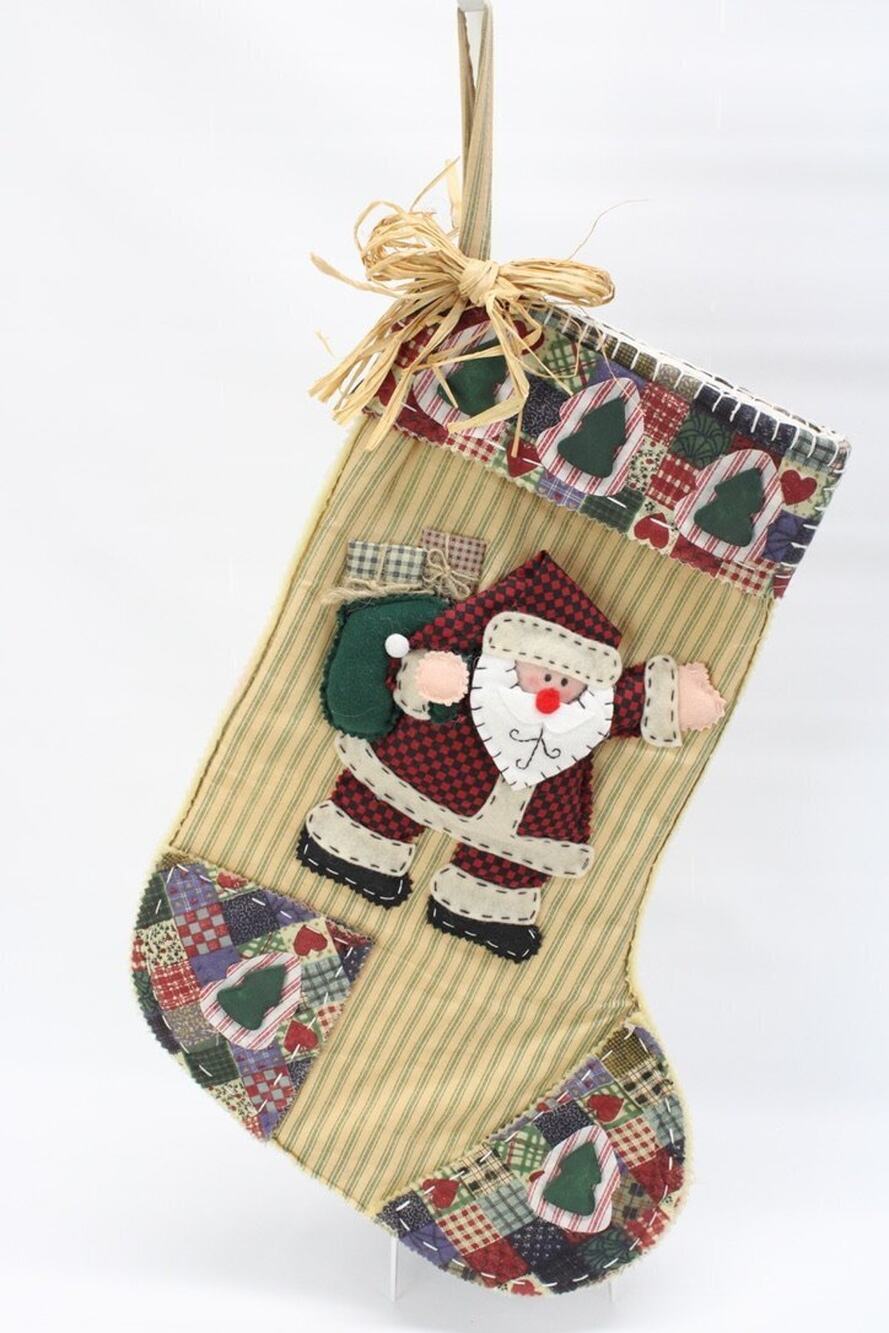 Primitive Christmas Stocking Santa Clause Green Ticking Padded Rustic Country